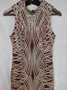 L'ATISTE Red and Gold Sequin Geometric Prom Dress